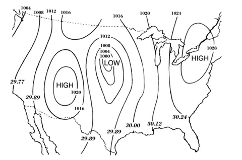 isobar: a line drawn on a map or chart connecting places of equal or constant pressure