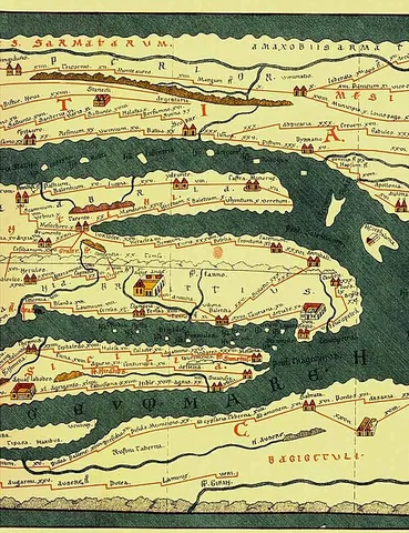 itinerarium: an Ancient Roman road map in the form of a listing of cities, villages and other stops, with the...