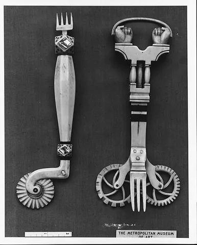 jagging wheel: a culinary tool for cutting or shaping pie or pastry dough into ornate figures in preparation for...