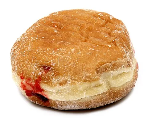 jam doughnut: a doughnut filled with jam and usually topped with sugar