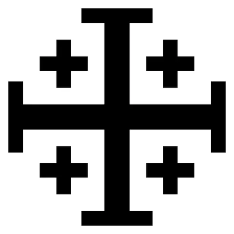 jerusalem cross: a cross variant consisting of a large cross potent surrounded by four smaller Greek crosses, one in...