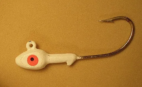 jighead: a fishhook with an incorporated moulded weighting mass of metal or plastic below the eye