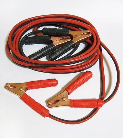 jumper cable: a pair of insulated electrical wires with alligator clips at each end (typically used to jump-start...