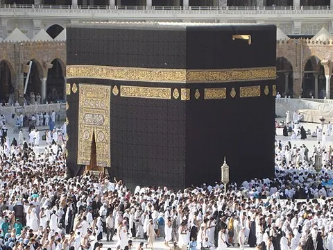 kaaba: the nearly cubical stone temple in Mecca, the holiest place in Islam and site of the great hajj...