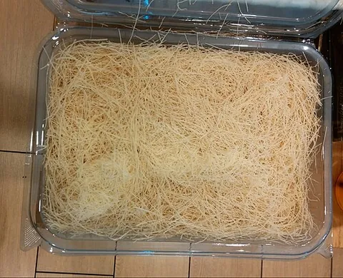 kataifi: a very fine, vermicelli-like pastry used to make desserts in various Mediterranean and Middle...