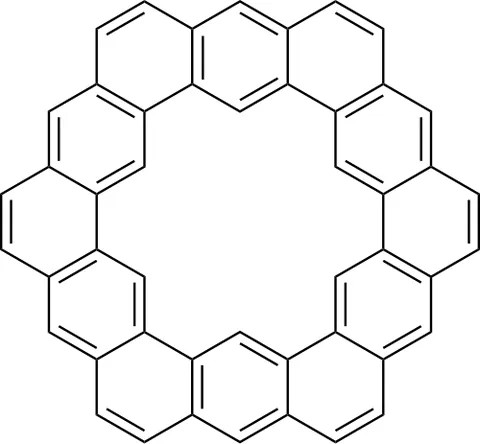 kekulene: a circulene composed of twelve fused benzene rings, as a hollow hexagon ring, 3 benzene rings to a...