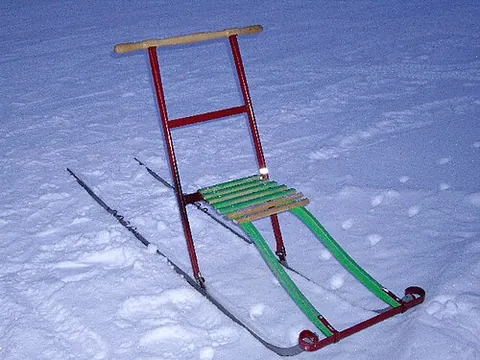 kicksled: a type of small sled consisting of a handlebar mounted on a pair of flexible metal runners. The...