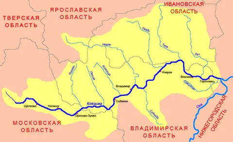 klyazma: a river wholly within Russia, originating near Solnechnogorsk (Moscow Oblast) in the Moscow...