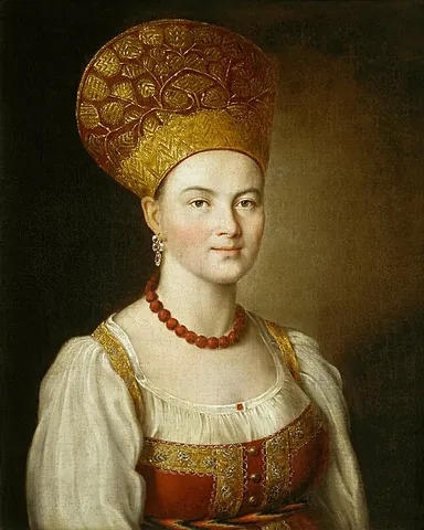 kokoshnik: a traditional Russian headdress worn by women and girls to accompany the sarafan