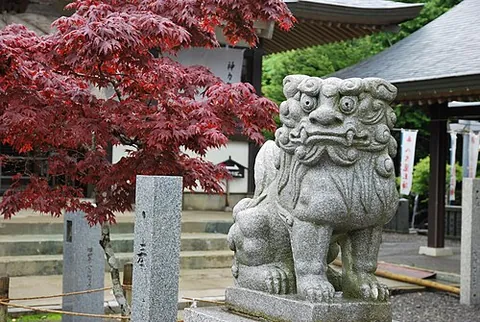 komainu: carved stone statues of stylized lions that guard the entrance to some Japanese temples or shrines