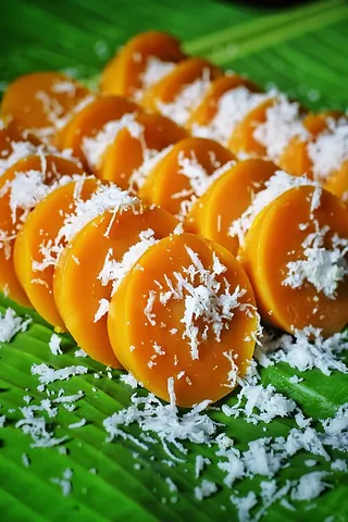kutsinta: a red or yellow steamed rice cake with a chewy, jelly-like consistency, popular in the Philippines