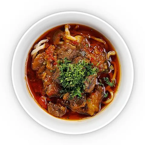 laghman: a Central Asian dish of pulled noodles, meat and vegetables