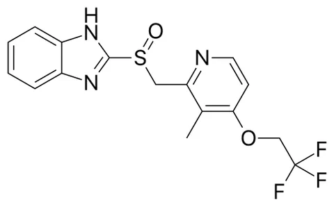 lansoprazole: a particular proton pump inhibitor C₁₆H₁₄F₃N₃O₂S (trademark Prevacid) similar to omeprazole that...