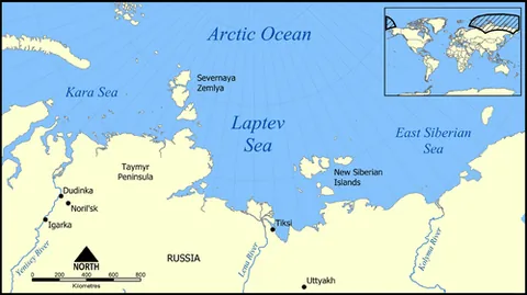 laptev sea: a marginal sea of the Arctic Ocean, located between the eastern coast of Siberia, the Taimyr...