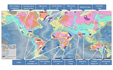 large igneous province: an area with a very large accumulation of igneous rocks formed by extreme volcanism (commonly...