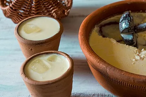 lassi: a drink made with yogurt diluted with water and flavoured with salt or fruit juice