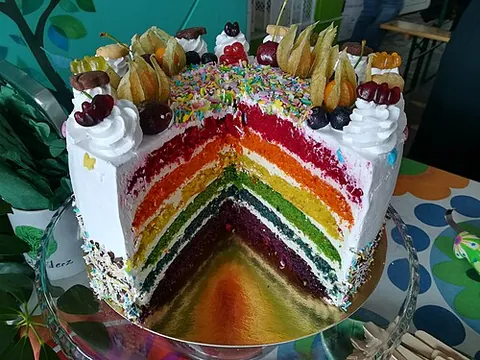 layer cake: a cake consisting of multiple stacked sheets of cake, held together by frosting or jam, etc
