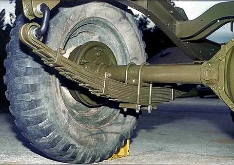 leaf spring: a spring in the form of a curved length(s) of steel, used in the suspension of wheeled vehicles