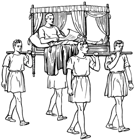lectica: a kind of Roman litter, typically with bedding, curtains, and four legs
