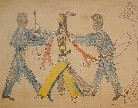ledger drawing: a narrative drawing or painting on paper or cloth, as executed by Native Americans, principally of...