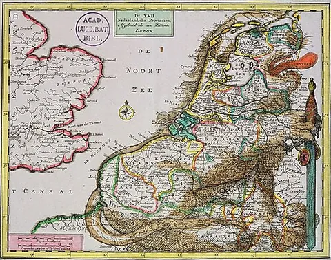 leo belgicus: a map of the Low Countries drawn in the shape of a lion and sometimes used as a heraldic device
