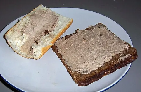 leverpostej: a Scandinavian food made from coarsely ground pork liver and lard, seasoned and baked