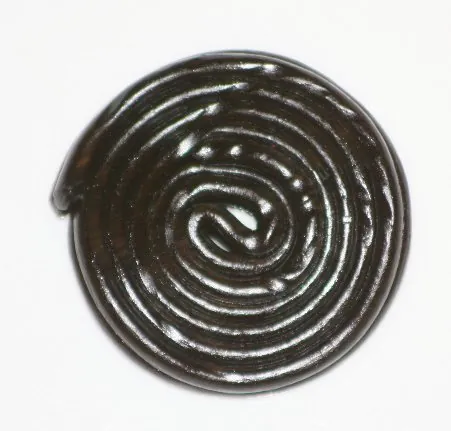 licorice wheel: a type of candy that consists of a string of licorice rolled up to form a wheel
