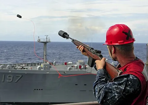 line gun: a firearm designed to shoot a rope across a distance, usually used to pass lines from one ship to...