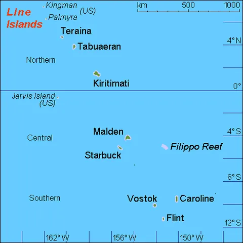 line islands: a chain of eleven atolls and low coral islands in the central Pacific Ocean, stretching for almost...