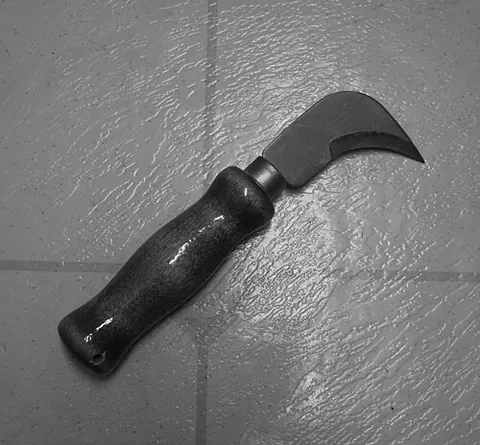 linoleum knife: a small knife having a short, stiff blade with a curved point, used for cutting linoleum and...