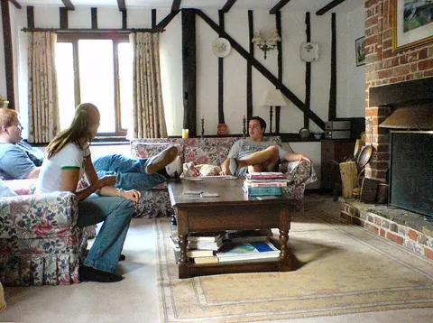 living room: a room in a private house used for general social and leisure activities