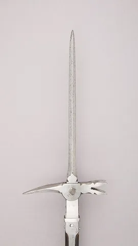 lucerne hammer: a type of poleaxe with a modified hammerhead and a sharp angled spike on its opposite side, mounted...