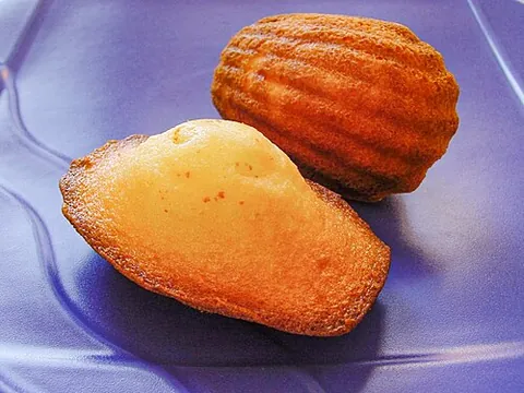 madeleine: a French type of small gateau or sponge cake, often shaped like an elongated scallop shell
