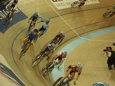 madison: a track cycling relay race in which team members take turns while racing round the track for the...