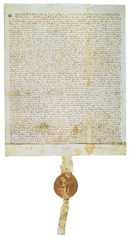 magna carta: a charter granted by King John to the barons at Runnymede in 1215, which is one of the bases of...