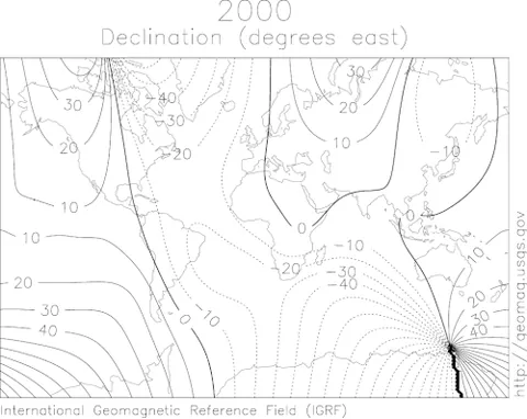 magnetic declination: the horizontal angle between magnetic north and true north at a given place