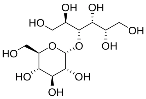 maltitol: a disaccharide polyol used as a sugar substitute, produced through the hydrogenation of maltose