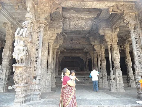 mandapa: a pillared hall or porch fronting a Hindu temple. It may be attached or detached from the building