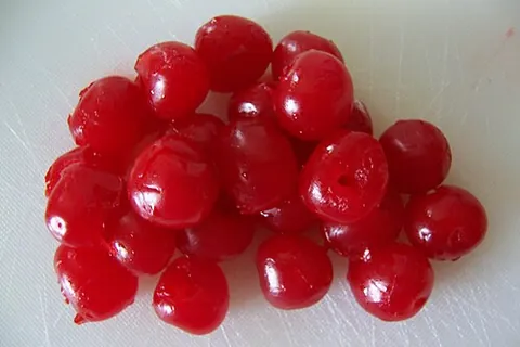 maraschino cherry: a preserved, sweetened cherry