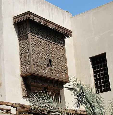 mashrabiyya: a balcony in North Africa enclosed with carved wooden latticework