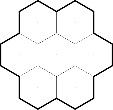 megahex: a regular, quasi-circular polygon made up of multiple hexagons used to indicate a different scale,...