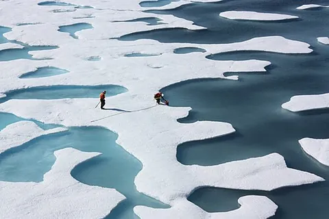 melt pond: pools of melted water which form on glacial, shelf, or sea ice, typically during warmer periods