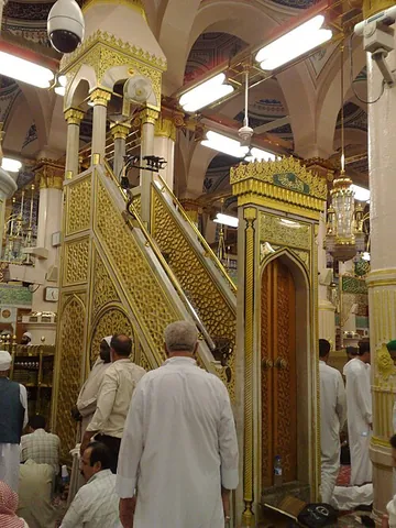 minbar: a pulpit in a mosque, usually shaped like a small tower, where the imam stands to deliver sermons
