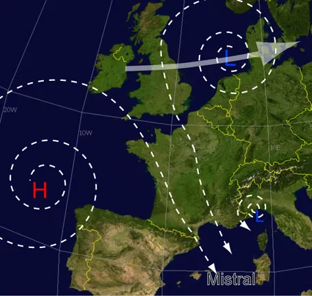 mistral: a strong cold north-west wind in southern France and the Mediterranean