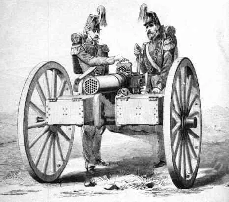 mitrailleuse: a breech-loading machine gun consisting of a number of barrels fitted together, so arranged that...