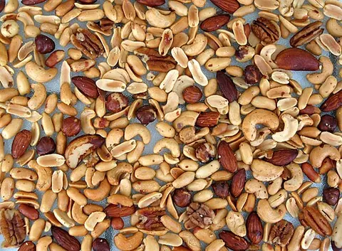 mixed nuts: a mixture of shelled nuts of various types
