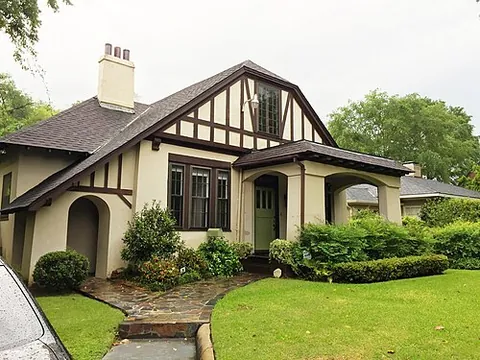 mock tudor: an example of Tudor revival architecture; a house or other building featuring styles associated...