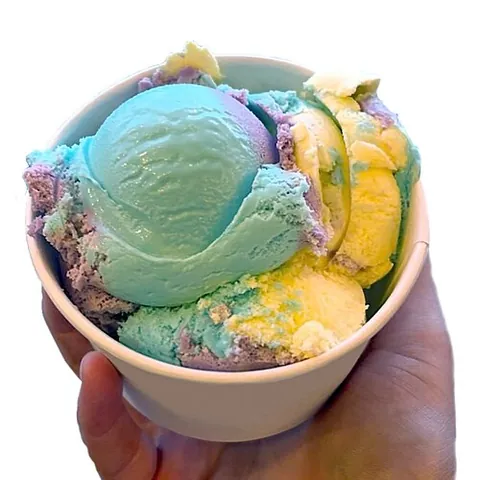 moon mist: a multicoloured Nova Scotian ice cream combining grape, banana, and bubblegum flavours