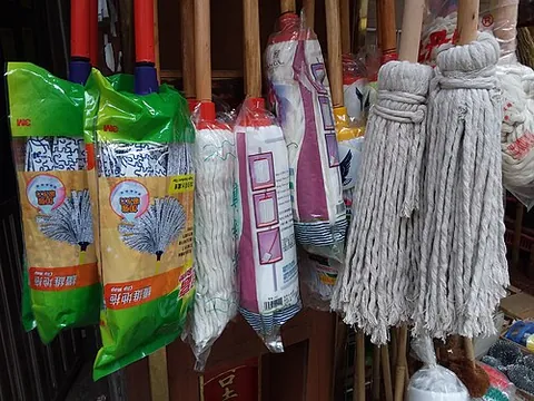 mop: an implement for washing floors or similar, made of a piece of cloth, or a collection of thrums, or...