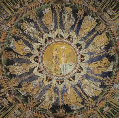 mosaic: a piece of artwork created by placing colored pieces (usually tiles, either regular or irregular in...